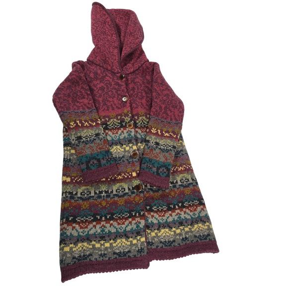 Sundance Sweaters - Sundance Womens Lambswool Hooded Fair Isle Long Cardigan Sweater Burgundy Small